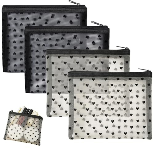 LUFFLOK 4 Pezzi Beauty Case da Viaggio, Stampa D'amore Beauty Case Trasparente, Accessori da Viaggio, Astuccio per Trucco, da Donna, Organizzatori di Servizi Igienici, Nero & Bianco