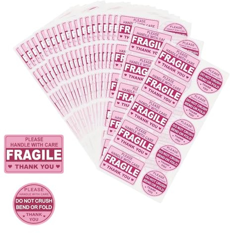 Lot de 200 autocollants roses fragiles pour expédition, ne pas écraser, plier ou plier la poignée avec étiquettes d'entretien, autocollants d'avertissement pour expédition, cartons d'expédition