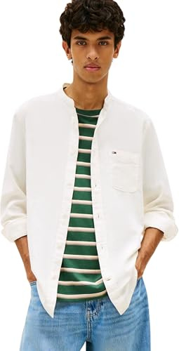 Tommy Jeans Uomo Camicia Linen con Colletto alla Coreana, Bianco (Ecru), M