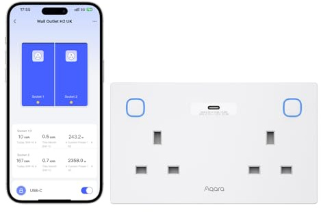 Aqara Wall Outlet H2 UK Matter over Thread, Double Socket, 20W USB-C, Energy Monitoring & Automations, Voice & App Control, Supports HomeKit, Alexa, Google Home, Zigbee, Required Aqara Hub