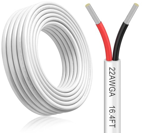 22 AWG 2-Core Electrical Wire, 2 × 0.3 mm², 5 m / 16.4 ft White PVC Twin Cable, 300 V-Rated Flexible Tinned Copper Extension Wire for 5 V, 12 V and 24 V LED Strips and Automotive Wiring