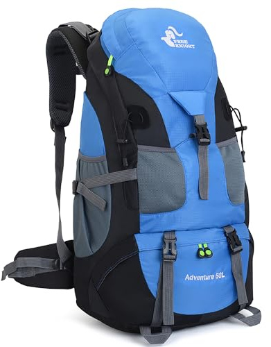 Bseash 50L Hiking Backpack, Water Resistant Lightweight Outdoor Sport Daypack Travel Bag for Camping Climbing Touring (Light Blue - No Shoe Compartment)