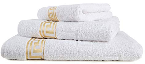 Arle-Living Serviette de sauna de luxe Medusa 100x200 cm – coton le plus fin/tissage jacquard/éponge bouclée haute avec gaufrage plat Medusa et bordure Medusa dorée (blanc, serviette de sauna 100x200