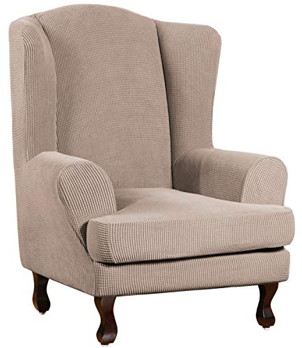 Turquoize Wingback Chair Covers 2 Piece Wing Chair Slipcover Stretch Slipcovers for Wingback Chairs Wing Chair Cover Spandex Jacquard Fabric with Elastic Bottom Non-Slip Furniture Cover, Sand