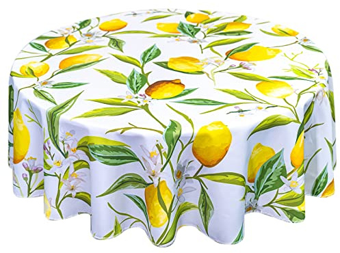 VVA Round Lemon Tablecloth Wipeable Waterproof Washable Resistant Polyester Lemon Tree Flowers Leaves Circular Table Cloth Cover for Dining Room Kitchen Birthday Parties Holiday Indoor Outside 50