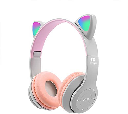 QOTSTEOS Auriculares inalámbricos para juegos, Bluetooth 5.0, plegables, inalámbricos, para juegos, niños, adultos, orejas de gato, con luz LED (gris y rosa)