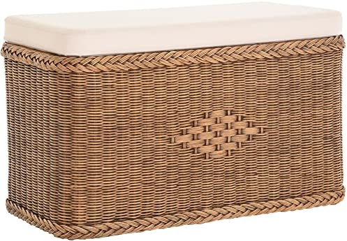 Korb-Outlet Sitztruhe aus Rattan/Truhenbank/Wäschetruhe mit gepolsterten Sitz/in der Farbe Vintage Braun