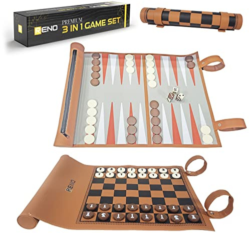 RENO UK based business - 3 in 1- Chess Backgammon Set Checkers- Travel games for adults - chess set for adults and Kids - sets & games compendium -games for kids, Giftable Game set
