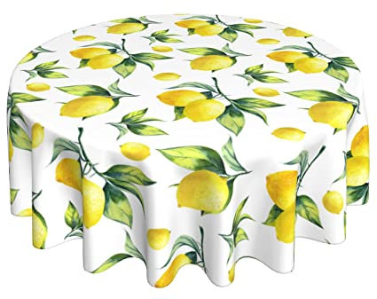 Zitronen-Tischdecke, rund, 60 Zoll, für Frühling, Sommer, Gelb, Zitronen-Tischdecke, Polyester, Anti-Falten, waschbar, Kreis-Tischdecke für Küche, Esszimmer, Picknick, Terrasse, Hochzeitsfeier