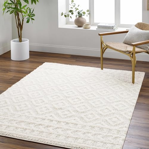 Hauteloom Tilos Moroccan Farmhouse Living Room Bedroom Nursery Shag Area Rug - Shaggy Carpet - Trellis Pattern - High Plush Pile - Cream, Pink, Beige - 5'3 x 7'