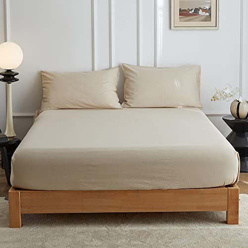 Simple&Opulence Spannbettlaken 150 x 200 cm,Halbleinen Spannbetttuch bis 35cm Matratzenhöhe,Oeko-Tex Zertifiziert, Beige/Leinen