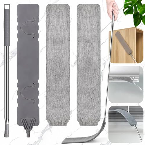 Liekadijiae 4 Piezas Cepillo Limpieza de Polvo, Plumero Flexible, Plumero Telescópico con Dos Cepillos de Limpieza Intercambiables de Microfibra, Plumero Plano Lavable, Cepillo Plano para Polvo