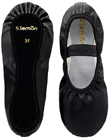 s.lemon Läder Balett Sneakers för Nybörjare Flickor,Komplett yttersula Balettskor, Svart, 39 EU