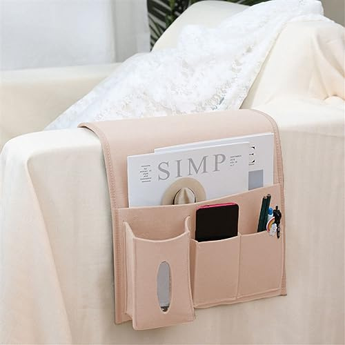 Liveinu Tasca Telecomandi da Divano Portaoggetti Letto Borsa con Chiusura in Nastro Gancio e Anello Organizer da Bracciolo Portaoggetti per Letto per iPad, Tavoletta, Riviste,Beige-2