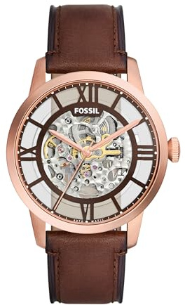 Fossil Men's Watch, ownsman Automatic Stainless Steel and Leather Three-Hand Skeleton Watch for Men, Color: Rose Gold/Chocolate