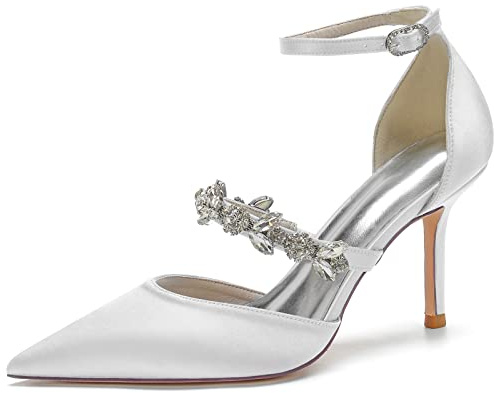 EFLALYHG Scarpe da Sposa in Raso con Strass con Pompa da Donna Scarpe a Punta con Tacco Alto da 8,5 cm Scarpe da Sposa per Festa di Nozze,Bianca,38 EU