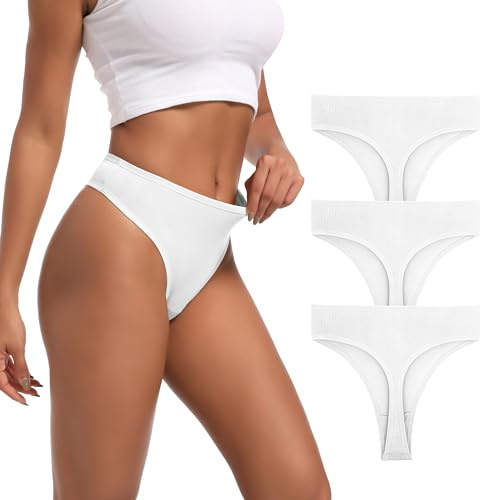 Xlndsoea Lot de 6 Strings Taille Haute en Coton côtelé Extensible pour Femme - Culotte de Sport à Coupe Haute et Respirante, 3 Paires - Blanc, Medium