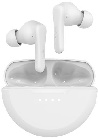 Belkin SoundForm Rhythm auriculares inalámbricos True Wireless con micrófono, carga rápida USB-C, 28 horas de autonomía, resistencia IPX5 al agua y el sudor, Bluetooth, iPhone, Galaxy y otros, blancos
