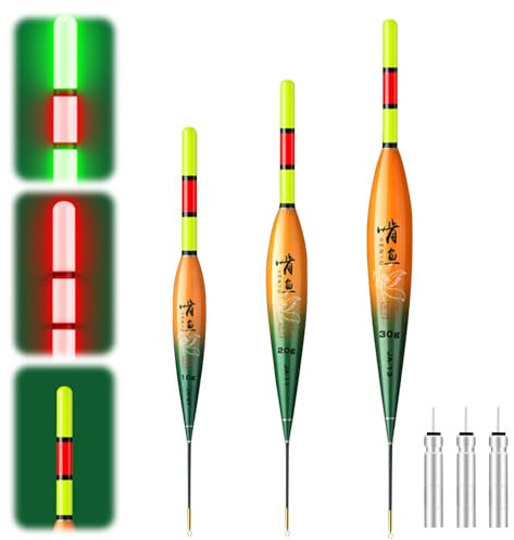 Lergas 3 Stück LED Posen Angeln, Posen Angeln mit Schwerkraftsensor und Metallsockel, LED Posen mit Batterie, Angelzubehör zum Angeln am See, Fluss oder Teich (10g/20g/30g Schwimmfähigkeit)