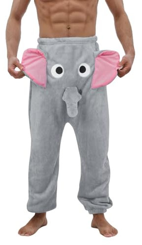 Elefanten Lustig Hose Herren Pyjama Flanell Pants Nachtwäsche Warme Freizeithose Thermohose mit Tiermotiv Elephant Pants mit Rüssel Nase und Ohren Winter Hosen Loose Fit Komisch