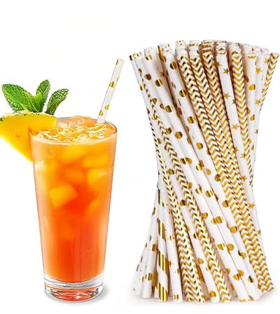UYRVAPE 100pcs pailles en papier Dorées et blanches, Blanches Doré Pailles en Papier Rayées, Biodégradables Point Pailles Papier à Boire Pour cocktail, mariage, anniversaire, fête