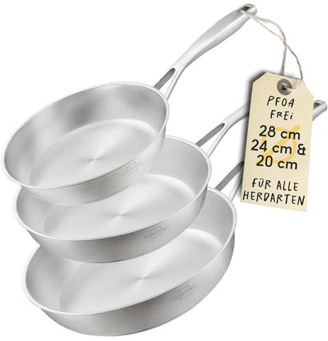 SILBERTHAL Pfannen Set 3 teilig - Edelstahlpfanne Unbeschichtet - 20, 24 und 28 cm - Induktionsgeeignet - Backofenfest bis 400° und spülmaschinengeeignet