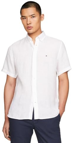 Tommy Hilfiger Men's Short Sleeve Casual Linen Button Down Shirts in Regular Fit Short Sleeve Casual Linen Shirts with Button Placket in Regular Fit, Optical White, XL