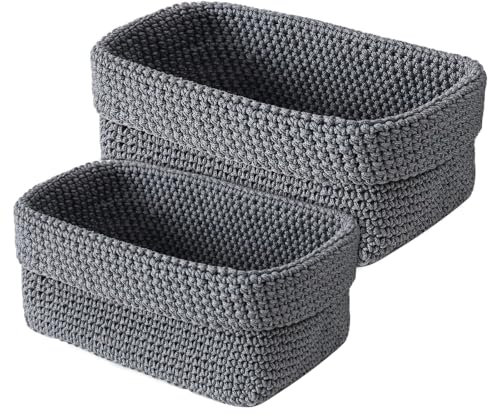 Pizens 2 Pcs Cestini Portaoggetti, Cesto Portaoggetti Intrecciati a Mano, Piccolo Ceste Porta Oggetti per Camera da Letto, Bagno, Cucina, Studio, Ufficio (Grigio)