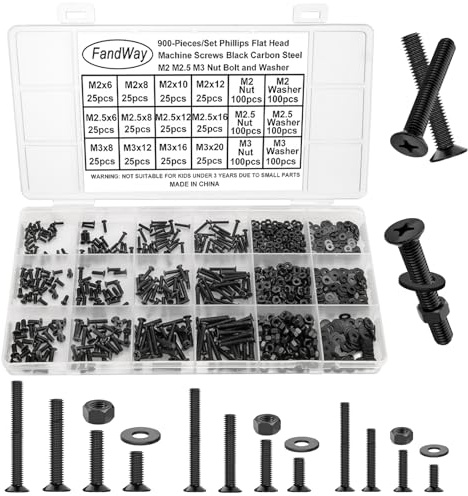 FandWay Kit di viti e dadi M2 M2.5 M3, 900 pezzi, viti a testa svasata a croce, viti filettate, viti a testa piatta, viti nere per macchine, con madrevite e rondelle.