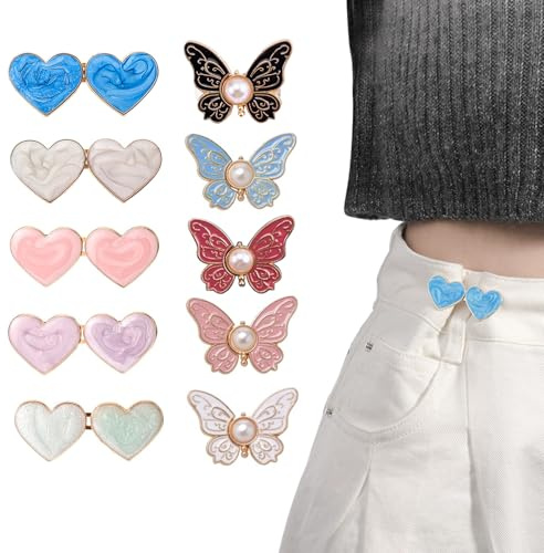 10 Sets Heart and Butterfly Shape Pant Waist Tightener, Reusable Cincher Clips to Tighten for Loose Jeans,Clothing Dresses Skirts,No Sewing Detachable Accessories