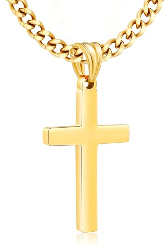 ESPVO Gold Cross Necklaces for Men Boys Him Mens Cross Pendant Necklace Men's Stainless Steel Cuban Link Chain Crucifix Christian Confirmation Baptism Jewelry Gifts Teens Son Nephew Brother 22in