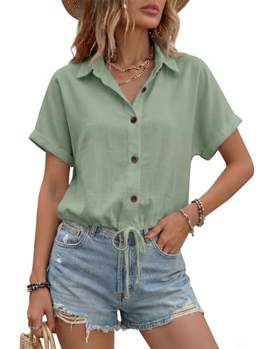 Enmain Chemisier Vert Sauge Femme en Lin à Manches Courtes Été Chemise Lin Coton Femme Blouse Crop avec Cordon Col en V Léger Regular Fit Infroissable Chic et Élégant de Plage 2XL