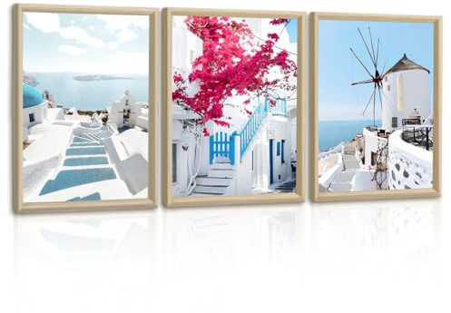 3 Pcs Paysage Urbain D'une île Grecque Tableau Décoration Murale En Cadre, Santorin Bleue Mer Égée Impression Sur Toile Clocher Fleur Affiche Peintures Décor Mural pour Salon Chambre étude 30x40cmx3