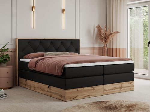 MKS MEBLE King Boxspringbett 140x200 mit Kopfteil und Bettkasten, Polsterbett mit Matratze H4 und Topper Visco, Wotan Eiche Dekor - Schwarz Kunstleder - Veneto King