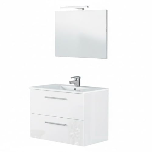 Bricozone Mobile Bagno Sospeso 80 Cm Con Lavabo In Ceramica Specchio E Led Da 45 Cm Bianco 2 Cassetti Chiusura Assistita Per Arredo Bagno Contemporaneo (Mobile Lavabo e Specchio con Led da 45 Cm)