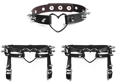 JewelryWe Schmuck 3 Stück Leder Strumpfband Halsband Set Damen Gotik Punk Herz Spike Nieten Choker Halskette Oberschenkel Strumpfgürtel Harness Suspender Strapsbänder Ledergeschirr Verstellbar