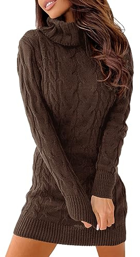 Langwyqu Womens Cable Knit Sweater Dress Sexy Long Sleeve Bodycon Turtleneck Mini Fall Sweaters Dresses Coffee