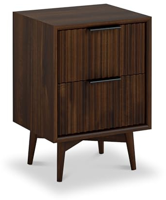 Oskar Narrow 2 Drawer Slim Grooved Bedside Table Cabinet | Roseland Furniture Contemporary Retro Walnut Stained Solid Wooden Fluted Acacia Nightstand Storage Unit for Bedroom, Hallway or Bathroom