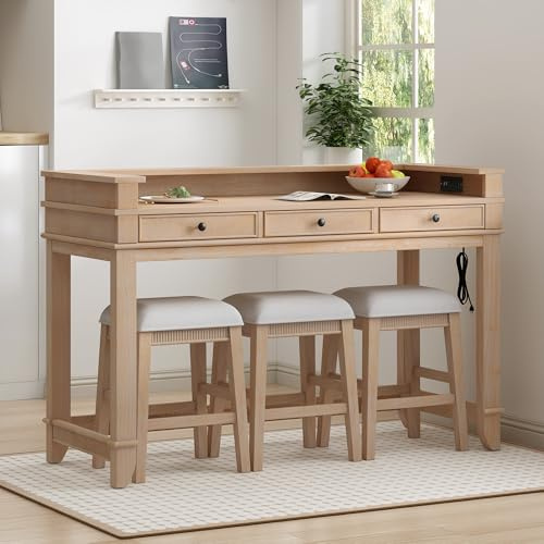 Merax 4 Piece Dining Room Table Set with Stools for Small Space Wood Kitchen Dining Table Set with Drawers and Charing Station, Natural