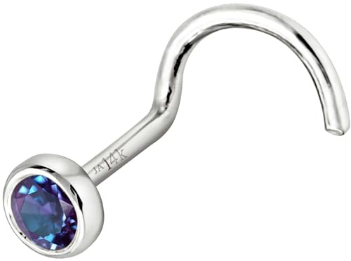 Jewelry Avalanche Solid 14K White Gold Nose Screw Stud Bezel Set 3mm Alexandrite 22G Cork-screw Nose Stud - June Birthstone Nose Ring Stud NSBZ-ALX30WG