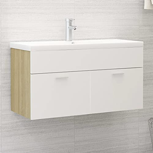 Tino Tech Armario bajo lavabo mueble de baño armario alto diseño práctico aspecto ordenado y llamativo fácil de limpiar blanco y marrón 90 x 38,5 x 46 cm