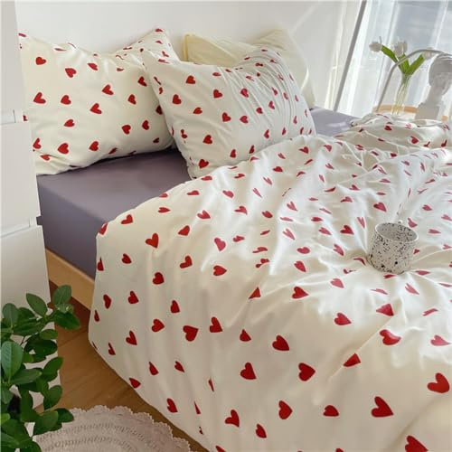 Michorinee Housse de Couette Cœur 220x240 Rouge avec 2 Taies d'oreiller 65x65 cm - Parure de Lit Rouge et Blanche en Microfibre - Linge de Lit 2 Personnes Adulte avec Fermeture Éclair