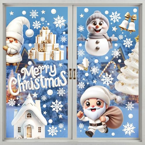 Christmas Window Stickers, 9 Sheets 3D Xmas Window Cling Decal White Double Sided Static Stickers Decoration with Santa,Snowman, Reindeer, Snowflakes