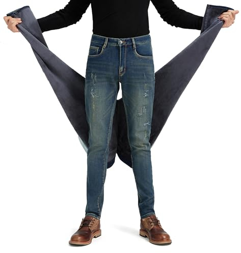 ziilay fodrade destroyed jeans för män – termojeans med fleece, varma, snygga, ribbade denim, bekväm avsmalnande smal passform, streetwear, 801h blå (lappar), 36W / 32L