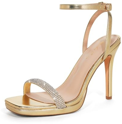 Zhabtuc Elegante sandalo da donna con tacco sottile, punta aperta e cinturino regolabile alla caviglia, altezza tacco 11 cm, Strass dorati, 38.5 EU