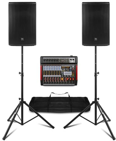 Professional PA System with 1400W Active Speakers, 8-Channel Mixer, Wireless Microphone Set & 4 UHF Handheld Mics, Bluetooth, USB – Complete Live Band Setup for Stage & Events