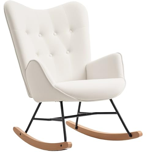 HOMCOM Rocking Chair, Modern Upholstered Velvet Armchair with Solid Wood Legs and Metal Frame for Living Room, Bedroom, Cream