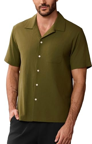 Kallspin herr bomull kuban hals kortärmad button down skjorta avslappnad sommar strand semester Hawaiian skjortor med ficka, Mörkgrön, L