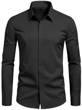 Lasjixion Mens Slim Fit Dress Shirts Wrinkle Free Formal Wedding Long Sleeve Button Down Shirts Black