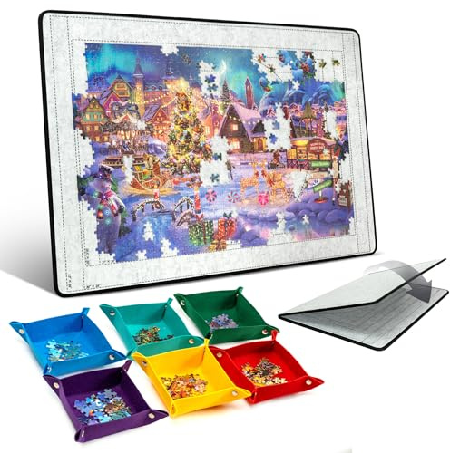 Jigpal Planche de puzzle avec 6 plateaux de tri, tapis de puzzle pliable avec housse en feutre pour économiser le rangement, léger et portable, pour jeux de puzzle de 1000 à 1500 pièces
